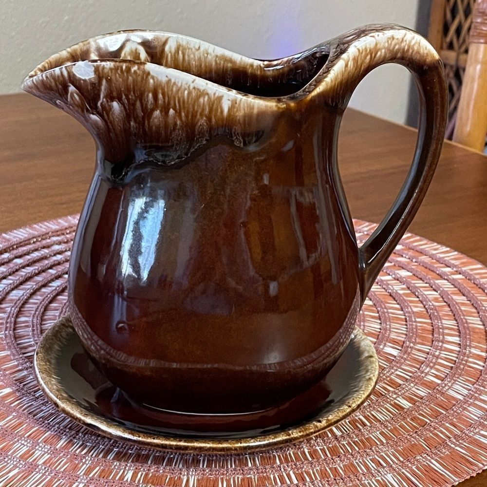 Vintage Discontinued Hull Pottery Pitcher And Saucer Brown Drip Glaze